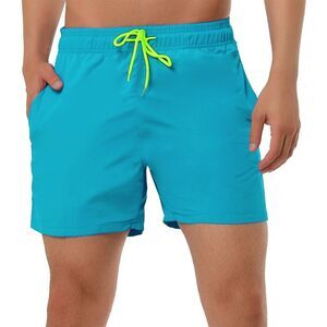 Summer Beach Solid Color Mesh Lining Drawstring Waist Swim Shorts Sky Blue
